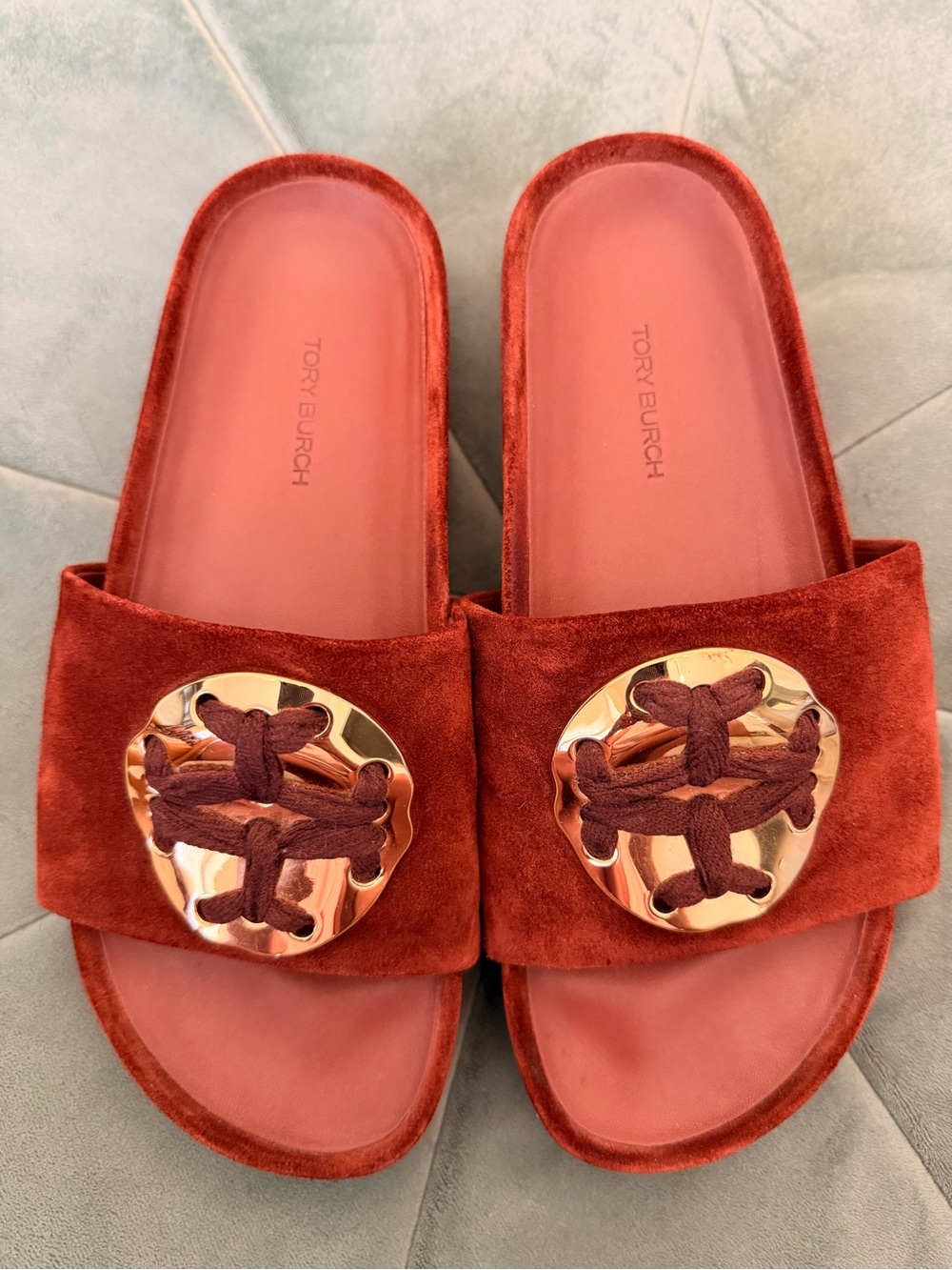 Tory Burch Rust Suede Slide Sandals with Gold Logo Medallion - Like New!